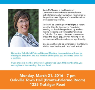 Oakville NDP Annual General Meeting on March 21
